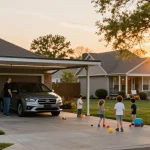 Moderne Carport in einem gepflegten Vorgarten mit spielenden Kindern und blühenden Blumen.