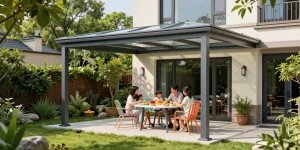 Freistehende Terrassenüberdachung schafft einen einladenden Gartenraum.
