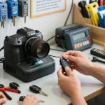 Autoschlüssel nachmachen bei einem professionellen Schlüsseldienst mit modernem Schlüsselkopierer im Einsatz.