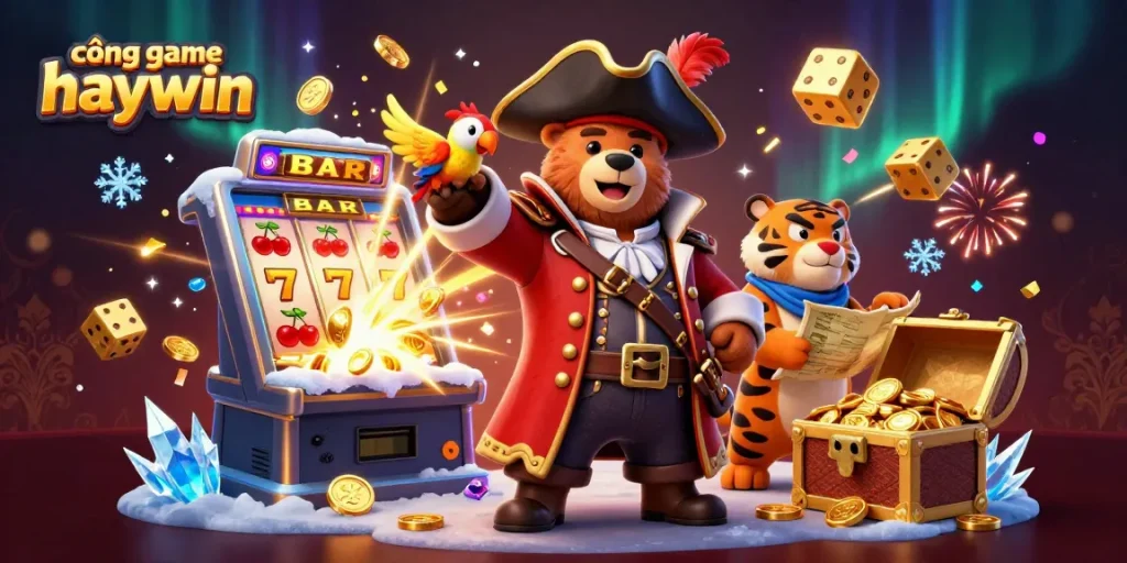 Experience excitement at cổng game haywin with a vivid 3D representation featuring vibrant slot machines, adventurous characters, and dynamic casino elements.