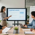 Chef bewerten anonym: Team diskutiert Führungsbewertung in modernem Büro mit digitalen Präsentationen und Notizen.