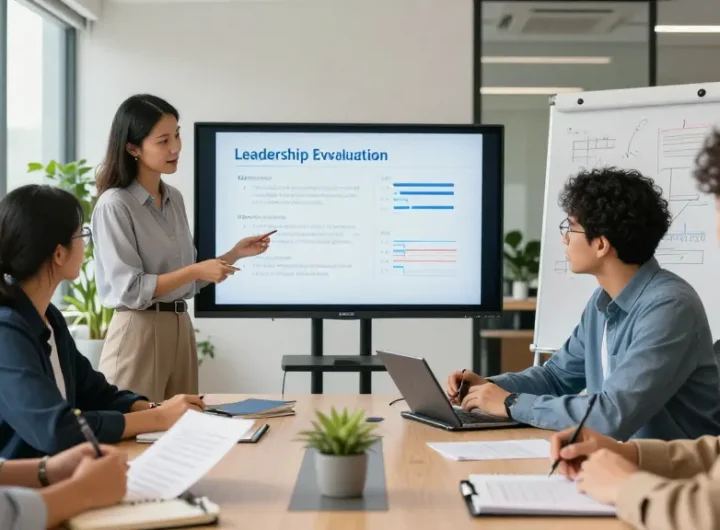 Chef bewerten anonym: Team diskutiert Führungsbewertung in modernem Büro mit digitalen Präsentationen und Notizen.