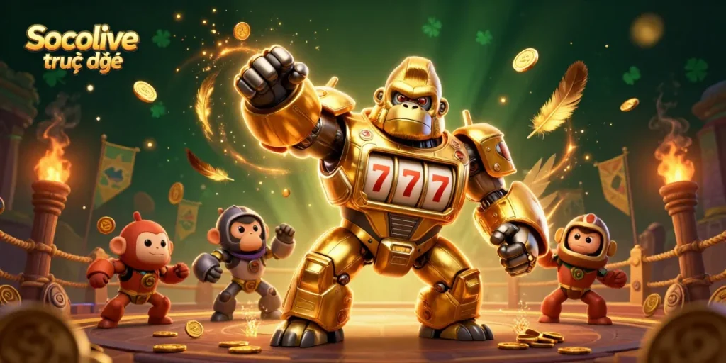 Socolive trực tiếp showcases a dynamic gaming scene with a golden gorilla mech, slot machine parts, and vibrant coins in action.