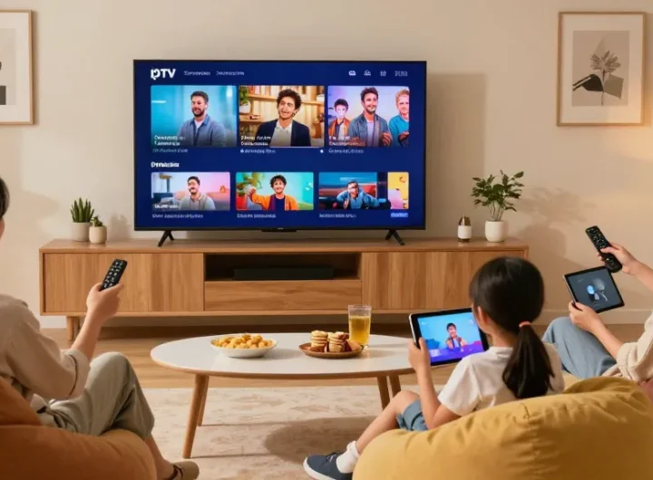 Familie genießt mit IPTV Smarters Streaming-Erlebnis im modernen Wohnzimmer.
