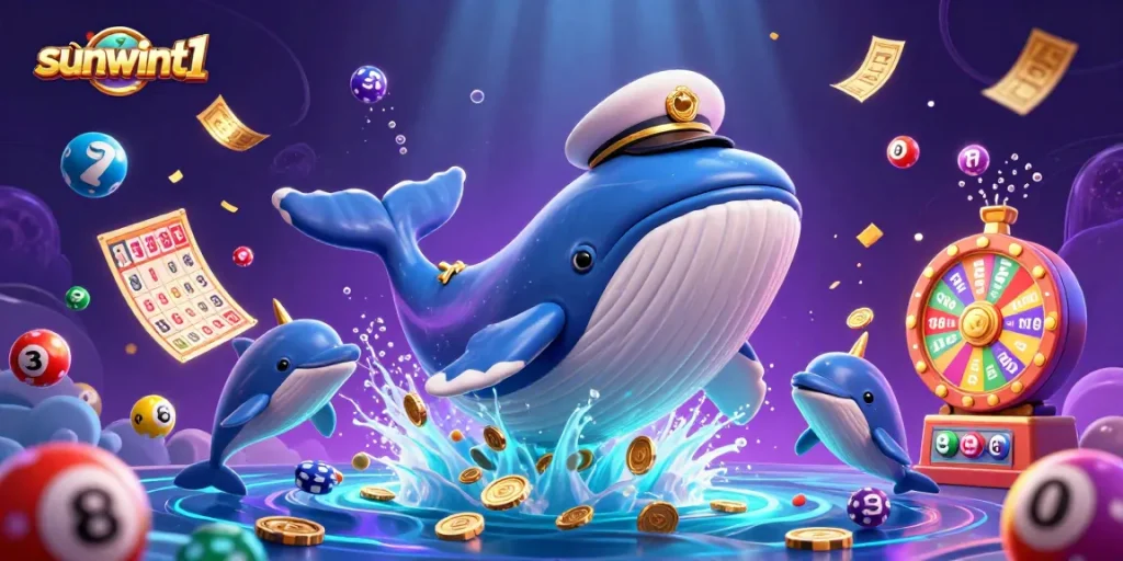 Experience thrilling wins at sunwint1 with playful dolphins and 3D characters surrounded by rich casino elements.
