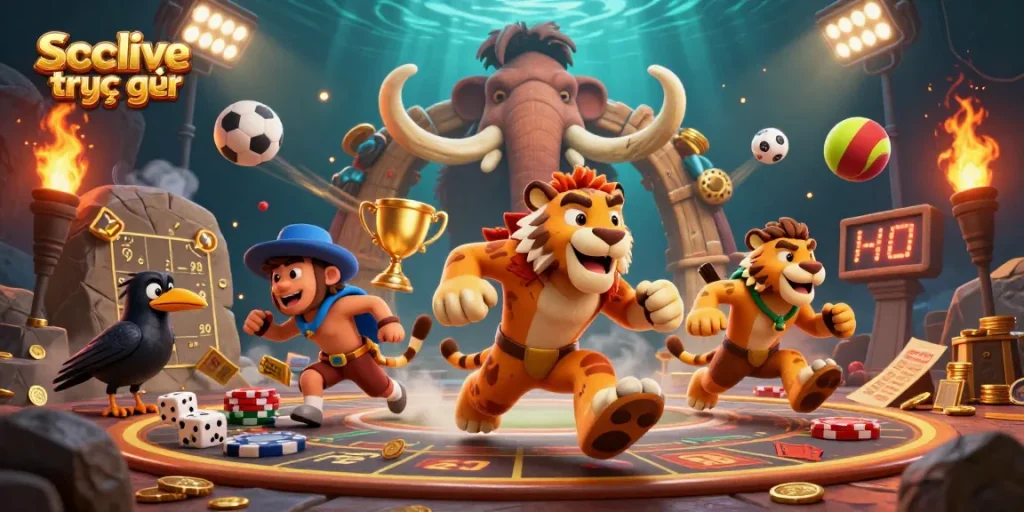 Experience Socolive trực tiếp with vibrant casino elements featuring caveman characters and dynamic sports imagery.